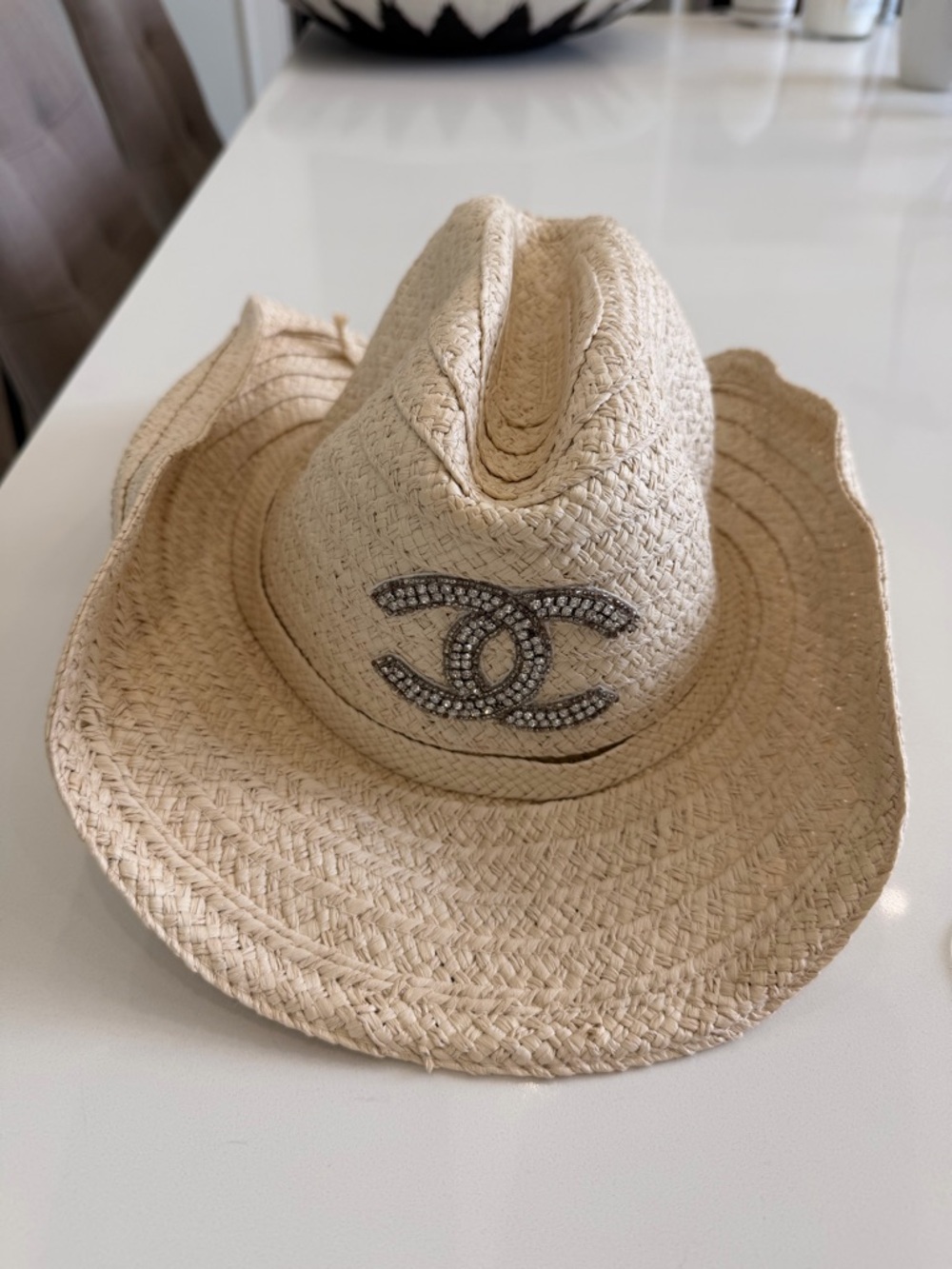 Straw Cowboy Hat with Crystal Logo Accent - Beige